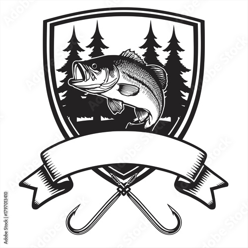 Fishing Emblem Bass Fish Pine Trees Ribbon and Hooks crest