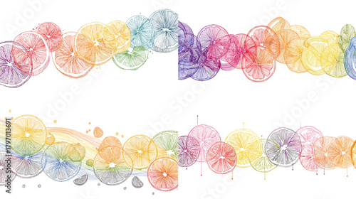 Watercolor citrus slice borders in rainbow colors—lemon, lime, orange, grapefruit—arranged as fresh decorative frames. Perfect for food branding, summer invites, and packaging.