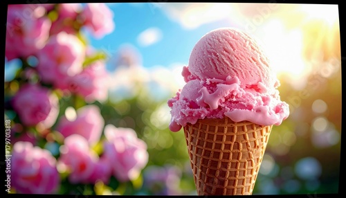 A close-up of a pink ice cream cone with two scoops of strawberry ice cream, set against a backdrop of blooming pink roses and a bright blue sky.