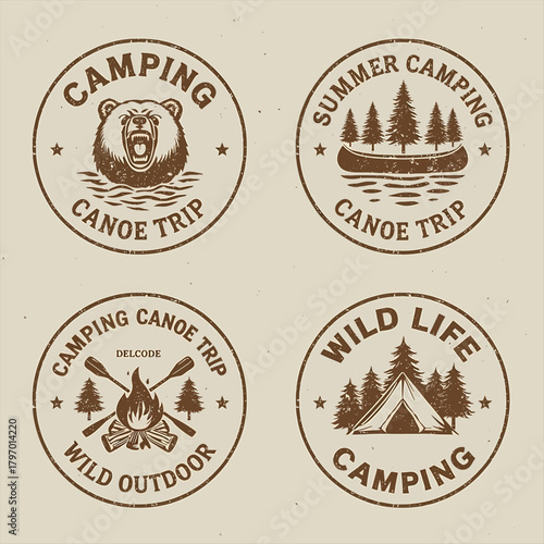 Rustic camping and canoe trip emblems with bear and tent Keywords: emblem, badge, logo, rustic