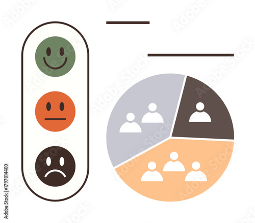 Vertical emotion scale with happy faces for feedback and pie chart showing data segmentation. Ideal for customer feedback, user rating, data analysis, efficiency, visualization, report design, simple