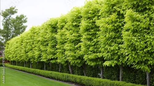 Pleached hornbeam trees forming a living green screen in a formal garden with a neatly trimmed hedge and lush lawn