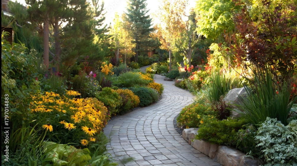 Fototapeta premium Winding brick path curving through a lush botanical garden with vibrant flowers and green trees