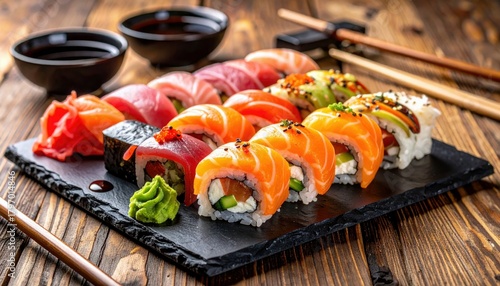 A close-up shot of a variety of sushi rolls, including salmon, tuna, and avocado, arranged on a dark slate platter with accompaniments.
