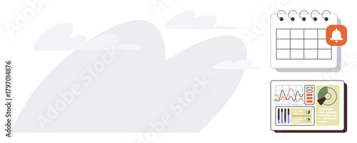 Calendar with notification alert and detailed analytics dashboard showcasing charts, graphs, and KPI data. Ideal for scheduling, planning, time management, productivity, analytics, reminders simple