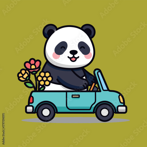 Adorable panda driving a car filled with vibrant flowers for spring fun