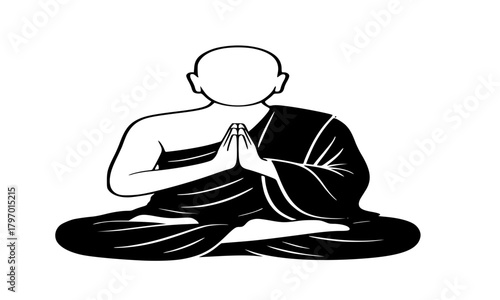 Buddhist Monk Meditating in Namaste Pose Icon, Vector Silhouette of a Sadhu or Swami in Lotus Position, Religious, Spiritual, and Asian Culture Symbol