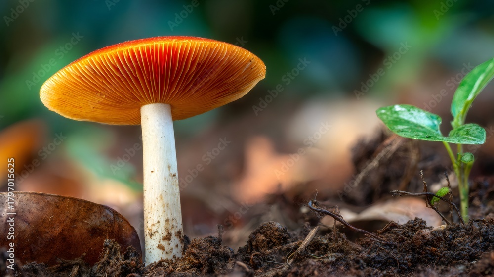Fototapeta premium Vibrant mushroom with red cap and prominent gills growing in forest soil beside a young green plant