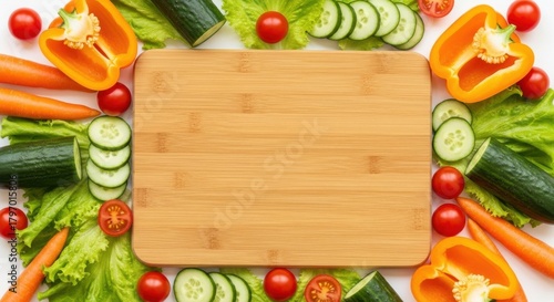 Fresh vegetables arranged around a wooden cutting board in a bright kitchen setting
