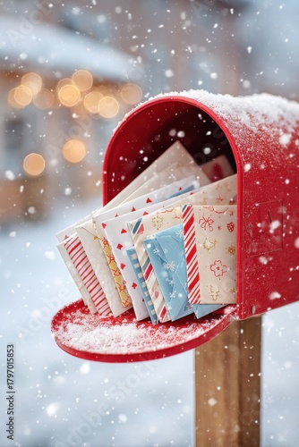 Red mailbox overflowing with colorful children's letters, surrounded by falling snowflakes, creating a festive winter atmosphere with holiday spirit and joy