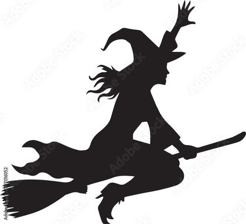Witch Silhouette Vector – High Jump Off Cliff on Broomstick, Magical Fantasy and Halloween Concept, Minimal Black Illustration on White Background
