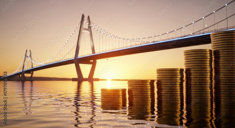 Fototapeta premium Sunset view of a bridge with stacks of coins reflecting in calm water