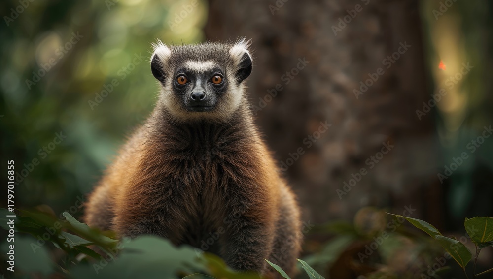 Naklejka premium Mongoose Lemur Close-Up, highlighting the unique features of this primate, Earth Day