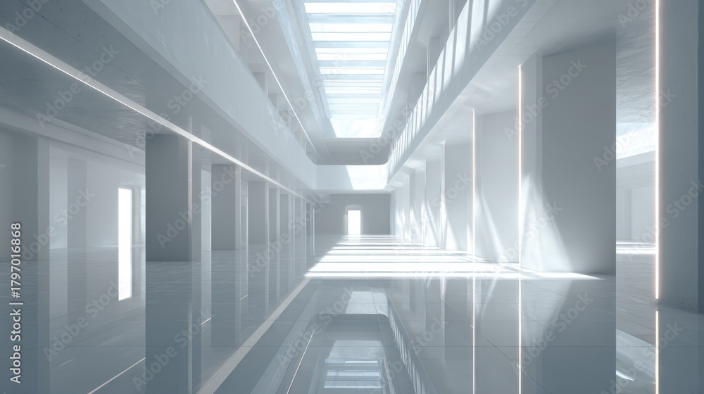 Obraz premium Modern minimalist interior with bright natural light and reflective surfaces