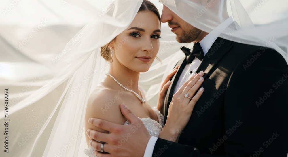 Naklejka premium Couple celebrates their wedding with a romantic moment under a veil at a scenic outdoor location during golden hour