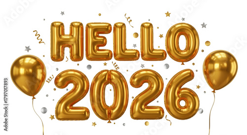 Golden balloons spell hello 2026 isolated on transparent background