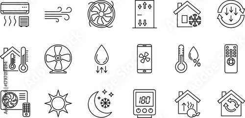 Collection of black outline symbols detailing concepts of AC units, room fan operation, thermostat control, day and night modes, heat exchange, remote operation,