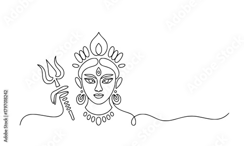 Goddess Durga Maa Face with Trishula Continuous One-Line Art, Hindu Devi Shakti Vector Outline Illustration, Navratri Festival, Divine Power and Strength Symbol