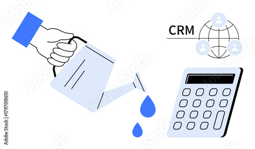 Hand pouring water on a calculator with CRM network symbol. Ideal for business strategy, CRM growth, finance, nurturing, teamwork, data management, and customer relations. Simple flat metaphor