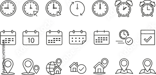 Detailed vector line icon set for time-based navigation and scheduling applications, featuring elements like recurring clocks, confirmed appointments, map location pins,