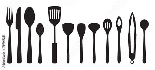 Assortment of Kitchen Utensils Silhouette Lineup cutlery cooking