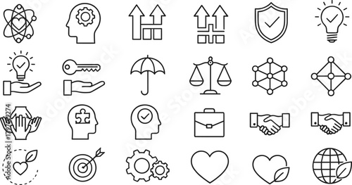 Minimalist illustrations for a corporate governance platform, featuring icons for target marketing, ethical responsibility, asset management, successful collaboration