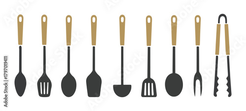 Collection of Kitchen Utensils with Gold and Black Handles kitchenware cooking