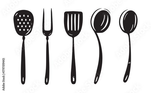Hand- Drawn Black Silhouettes of Kitchen Utensils kitchenware cooking