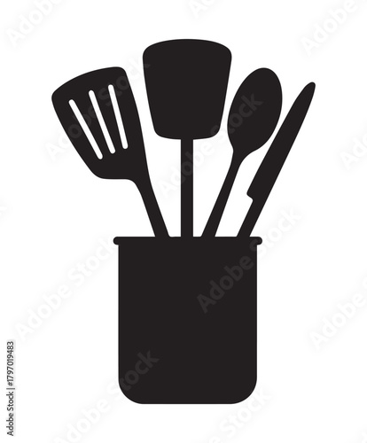 Black Silhouette of Kitchen Utensils in a Holder kitchenware cooking