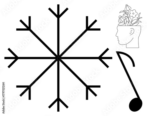 Snowflake symbol, head blooming with flowers, and musical note suggest nature, creativity, individuality, music, growth, mindfulness, and harmony ideal for education art mindfulness environment