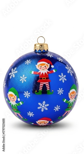 Bright blue Christmas ornament featuring cheerful elves and snowflakes for festive holiday decor