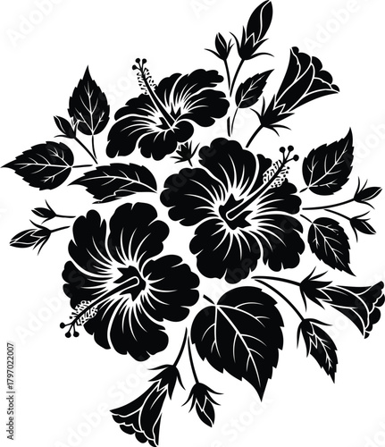 Black silhouette hibiscus flowers and leaves arrangement