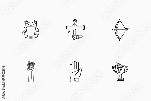 Archery Equipment and Success Line Icon Set - Bow, Quiver, and Trophy Symbols