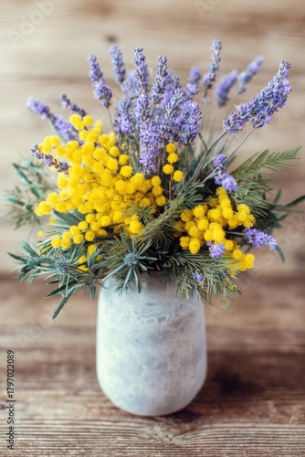 Wallpaper Mural Spring bouquet featuring vibrant yellow mimosa and lavender in a rustic clay vase, beautifully arranged to enhance any home decor or seasonal celebration Torontodigital.ca