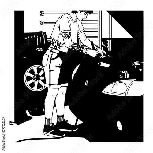 Automotive Technician Repairing Car Engine in Garage.