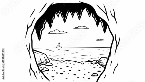 Minimilist view of the ocean with a sailboat from inside a cave opening with stalactites and rocks on the beach vector