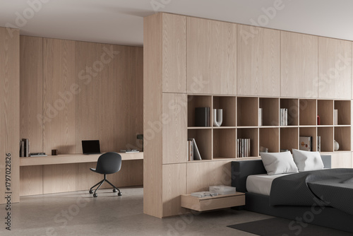 Modern bedroom and workspace interior design with light wood wall paneling, built-in desk, shelves, and cozy bed setup. 3D Rendering
