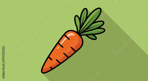 Vector illustration of a cartoon carrot with green leaves and a long shadow
