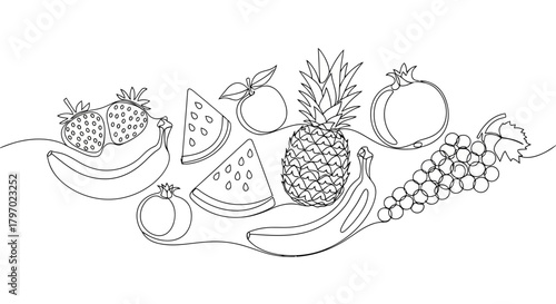 Vector illustration of continuous line drawing of various fruits