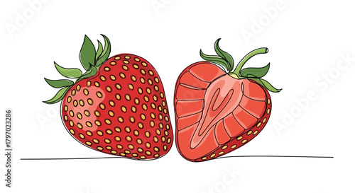 Vector illustration of whole and halved strawberry with green leaves