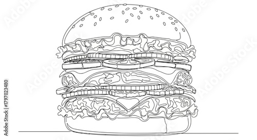 Vector illustration of detailed line drawing of a large double cheeseburger