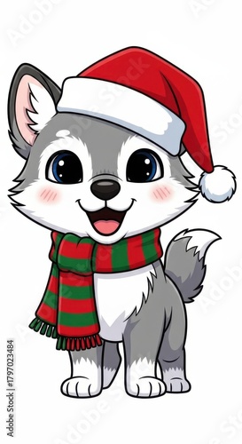 Cute cartoon wolf puppy wearing a Santa hat and a scarf, ready for a winter celebration