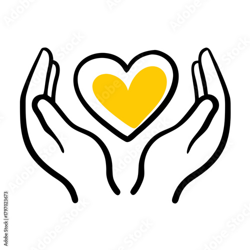Simple line art icon of two hands gently holding a heart with a yellow center. Represents care, charity, health, donation, love, or protection for non-profit organizations and wellness websites