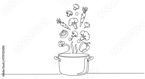 Vector illustration of assorted vegetables steaming from a pot in a continuous line drawing
