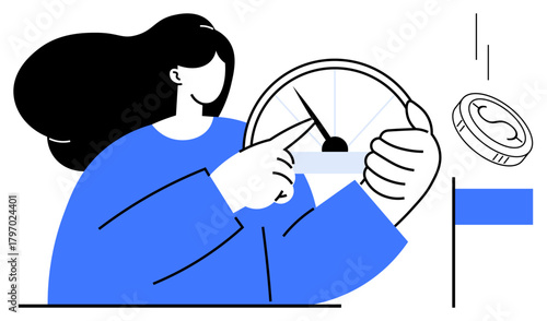 Woman interacts with speedometer indicating pace or progress, accompanied by a falling coin and flag symbolizing financial goals or milestones. Ideal for time management, financial planning, goal