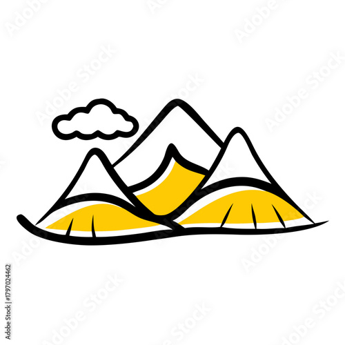 Stylized cartoon icon of three mountain peaks with yellow shading, snowcaps, and a small yellow cloud. Represents nature, travel, challenge, or high altitude. Excellent for outdoor/adventure blogs 