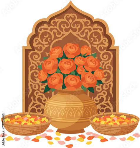 Haldi Festival Decoration with Roses in Vase and Indian Arch 