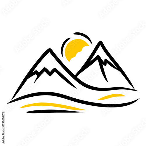 Bold black and yellow icon of three mountain peaks with snow and a stylized sun. Ideal for travel, outdoor, or adventure blogs, or articles on nature, exploration, and summer.