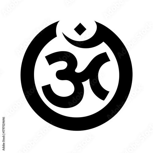 Black and white iconic symbol of Om (Aum) within a circle. Ideal for spirituality, yoga, meditation, religion, and wellness websites/blogs.