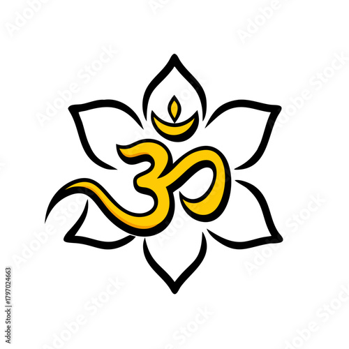 A vector graphic of the sacred golden Om symbol inside a white lotus flower. Ideal for websites, blogs, and marketing materials related to yoga, meditation, Hinduism, Buddhism, spirituality